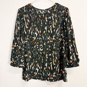 Express Blouse Womens Medium Green Dark Abstract Leopard Print 3/4 Sleeve NWT